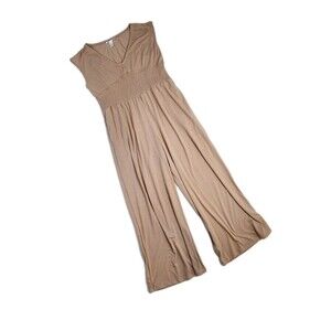 Just Be Womens Wide Leg Jumpsuit 1X Tan Sleeveless V-Neck Ruched Waist Casual